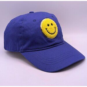 Fuzzy Smiley Face Hat Cap Blue Yellow Smiling Logo Strap Back Positivity Happy